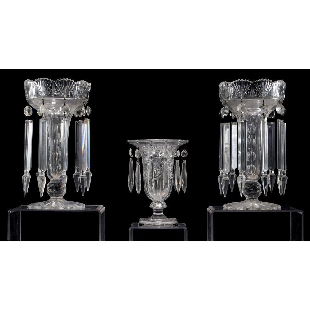 Appraisal: CRYSTAL MANTEL LUSTER ASSORTMENTPair of cut glass flaring footed vases