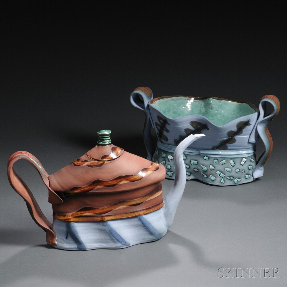 Appraisal: Woody Hughes American Jardiniere and Teapot Decorated earthenware Maine c