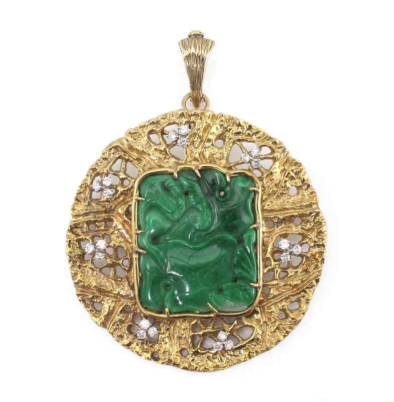 Appraisal: K CARVED JADE AND DIAMOND PENDANT GOLD BROOCH K yellow