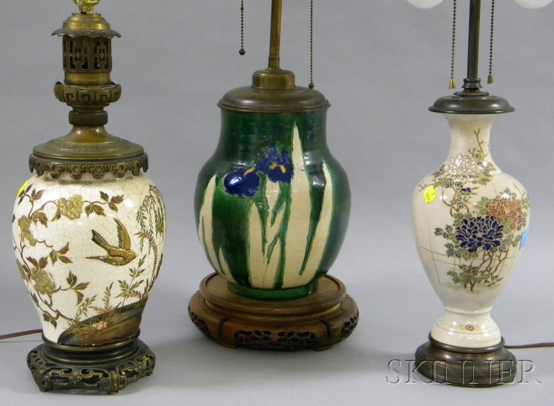 Appraisal: Three Japanese Pottery Table Lamps one decorated with weeping trees