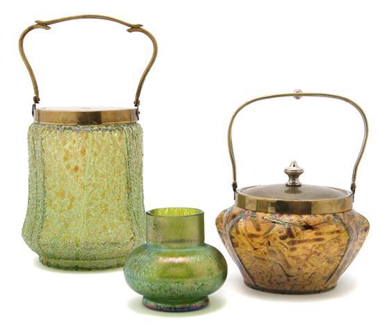 Appraisal: Group of Two Loetz Style Biscuit Jars with traditional iridescent