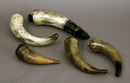 Appraisal: Five Scrimshaw Powder Horns to in