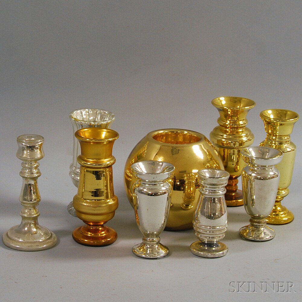 Appraisal: Nine Mercury Glass Items eight vases and a candlestick ht