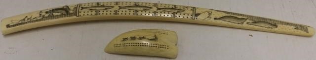 Appraisal: ESKIMO SCRIMSHAW CRIBBAGE BOARDS WALRUSTUSK LONG WITH SEAL HUNTING SALMON