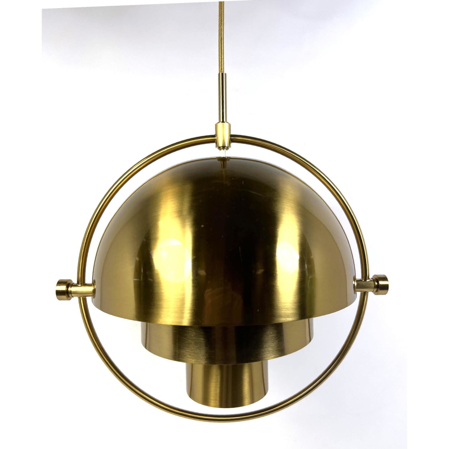 Appraisal: Modernist Brass Louvered Circle Hanging Light Three concentric domes in