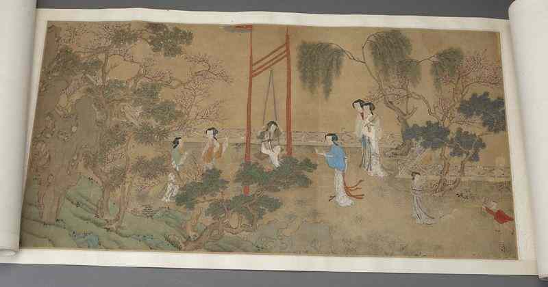 Appraisal: Chinese watercolor hand scroll attr to Qiu Yingdepicting ladies in