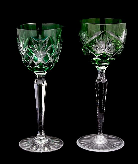 Appraisal: Twelve Bohemian Green-Cut-to-Clear Crystal Stemmed Wines Height of taller three