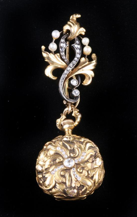 Appraisal: ART NOUVEAU YELLOW GOLD AND DIAMOND PENDANT WATCH ON JEWELED