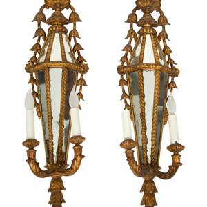 Appraisal: A Pair of Italian Giltwood Two-Light Wall Mounts LATE TH