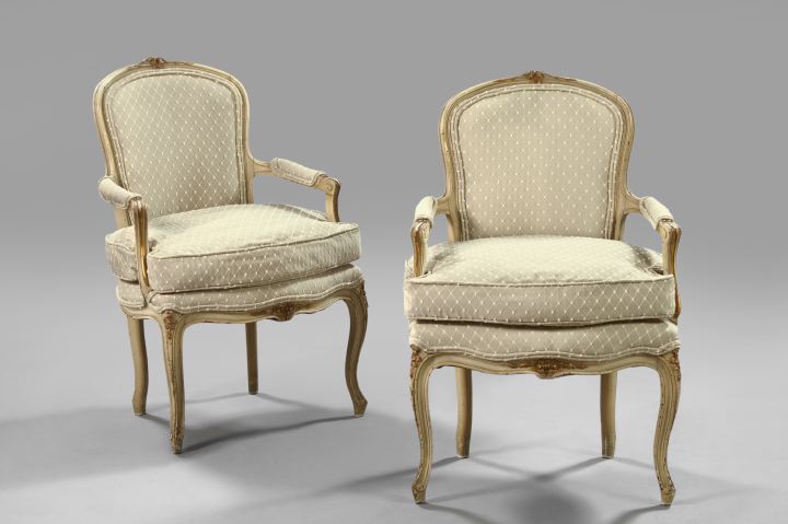 Appraisal: Pair of Louis XV-Style Polychromed Fauteuils late th century each