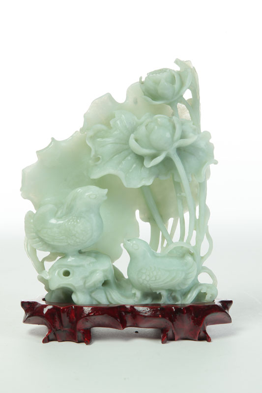 Appraisal: DECORATIVE CARVING OF BIRDS Asian th century jade Pale green