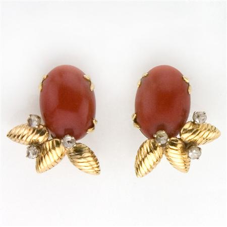 Appraisal: Pair of Gold Oxblood Coral and Diamond Earclips Estimate -