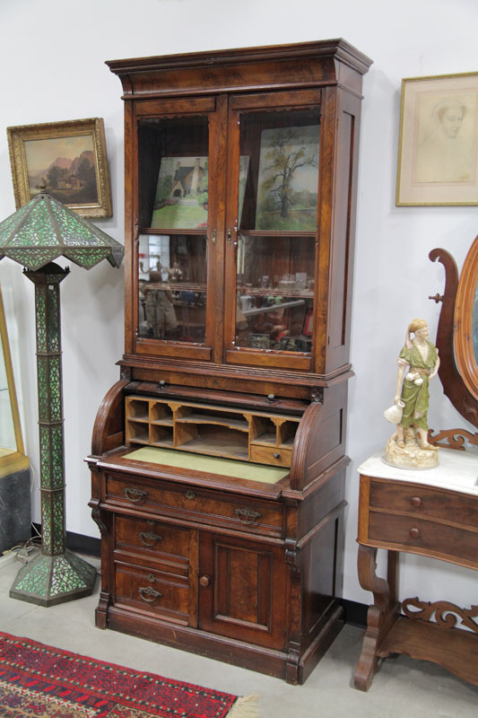 Appraisal: TWO PIECE SECRETARY BOOKCASE Walnut with burlwood panels Stepped cornice