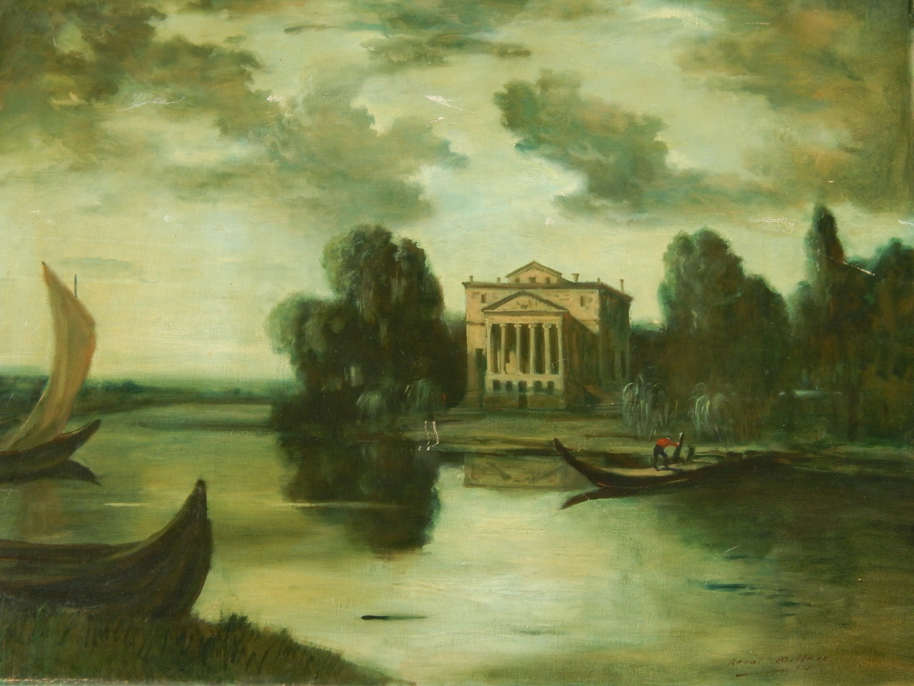 Appraisal: Raoul Millias - Lake scene and country house oil on