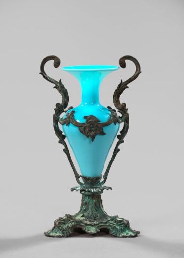 Appraisal: Attractive Napoleon III Bronze-Patinated Brass-Mounted Blue Opal Glass Garniture Vase