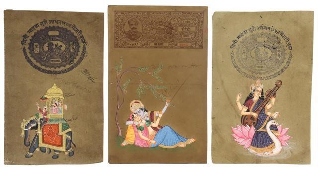 Appraisal: lot of Unframed hand-painted stamp papers India further embellished with