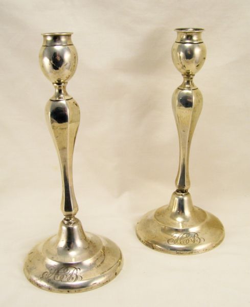 Appraisal: Pair Sterling Candleholders Weighted bases Monogrammed Measures high