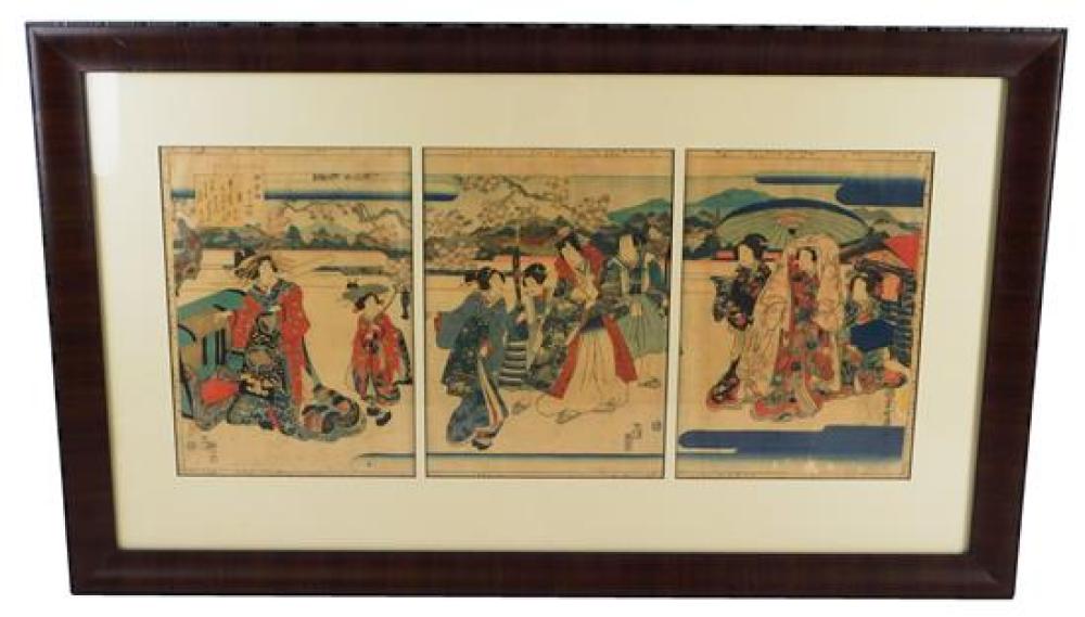 Appraisal: ASIAN Japanese woodblock triptych possible restrike after thC original depicts