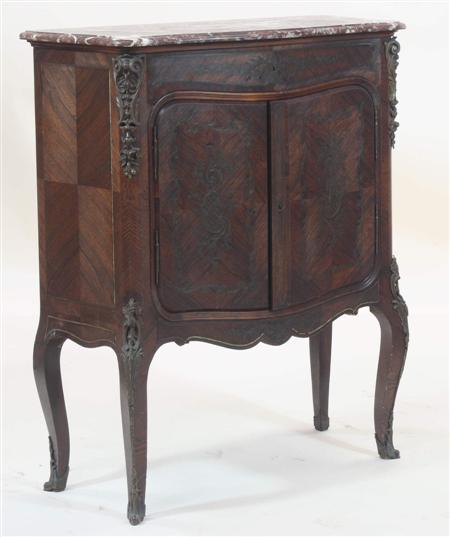 Appraisal: A th century rosewood and brass inlaid marble topped cabinet