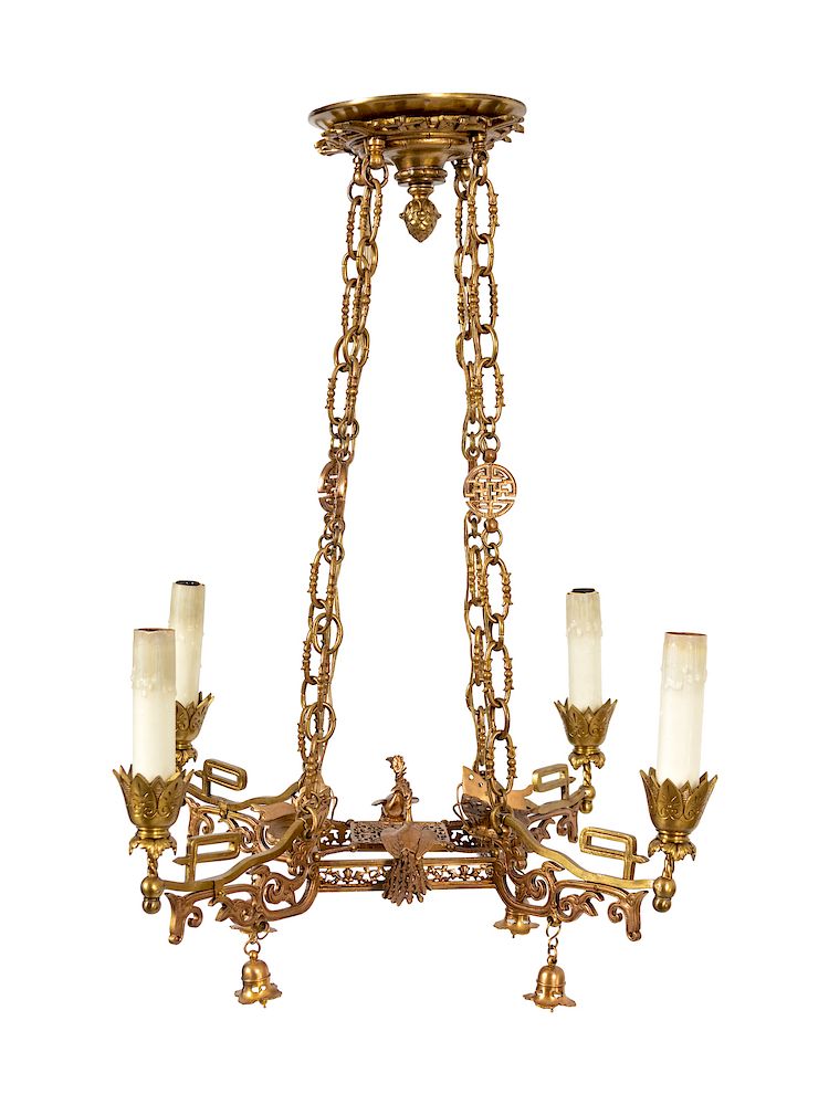 Appraisal: A French Asian Style Gilt Bronze Four-Light Suspension Fixture SECOND