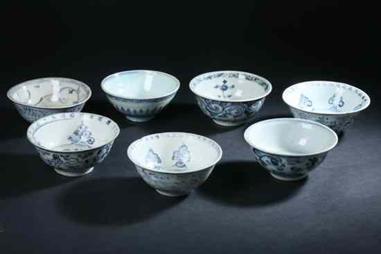 Appraisal: SEVEN CHINESE BLUE AND WHITE BOWLS Ming Dynasty Of various