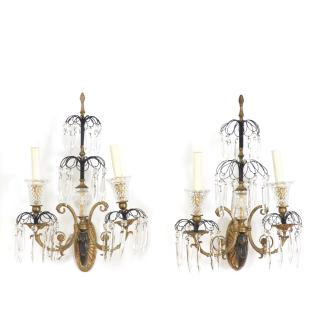 Appraisal: Pair Regency style bronze crystal sconces Pair Regency style bronze