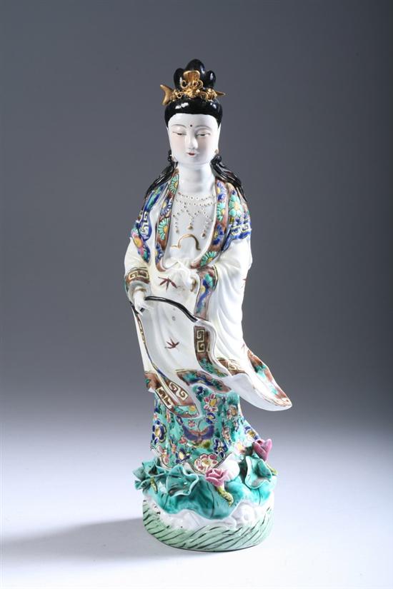 Appraisal: CHINESE FAMILLE ROSE PORCELAIN FIGURE OF GUANYIN Guangxu four-character impressed