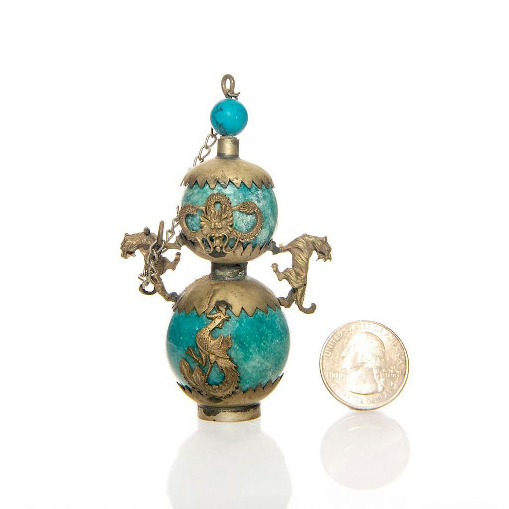 Appraisal: RARE TURQUOISE AND BRONZE ORIENTAL SNUFF BOTTLE Hand crafted bronze