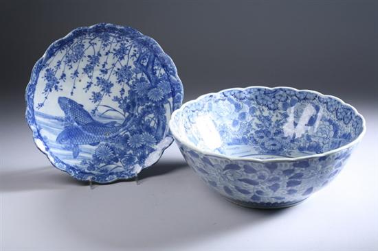 Appraisal: JAPANESE BLUE AND WHITE PORCELAIN BOWL AND DISH Bowl with