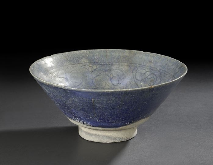 Appraisal: Attractive Persian Incised and Blue-Glazed Rakka Pottery Footed Bowl th-