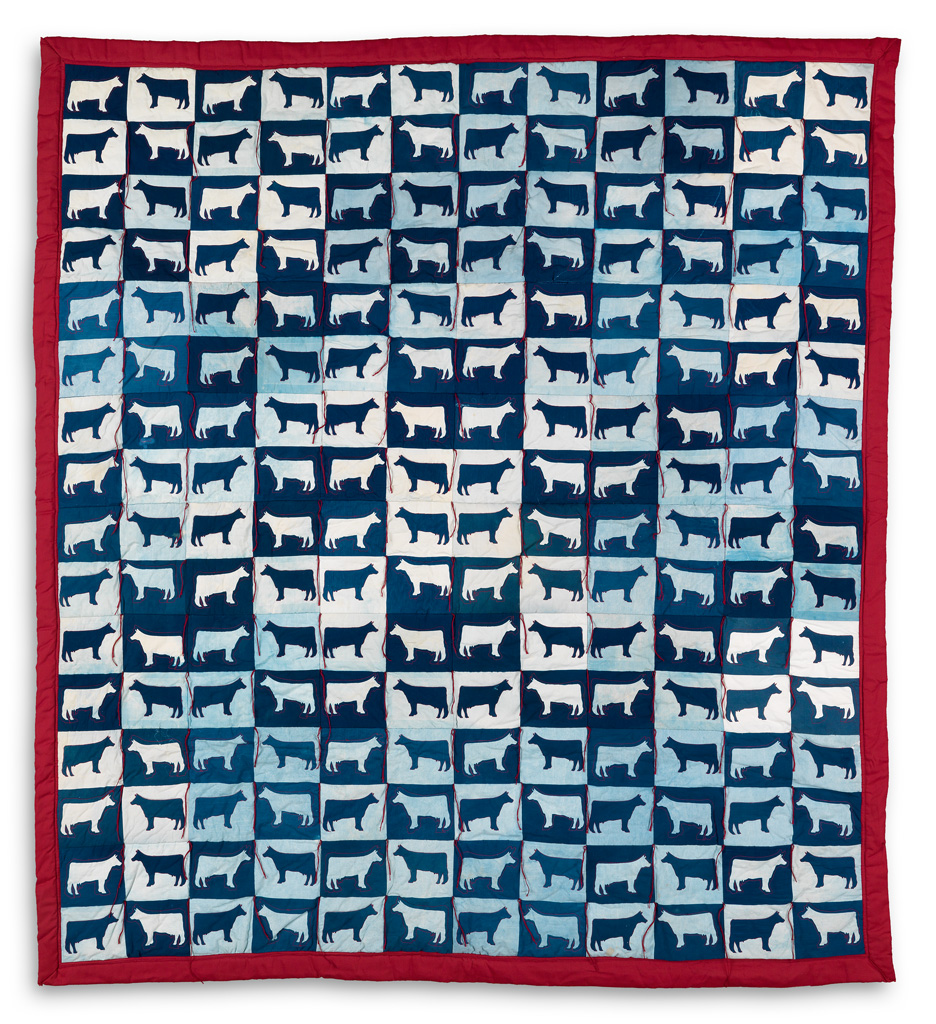 Appraisal: ELAINE O'NEIL - A multi-paneled cyanotype cow quilt entitled Rather