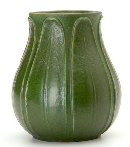 Appraisal: GRUEBY Rare gourd-shaped vase with full-height leaves under feathered matte