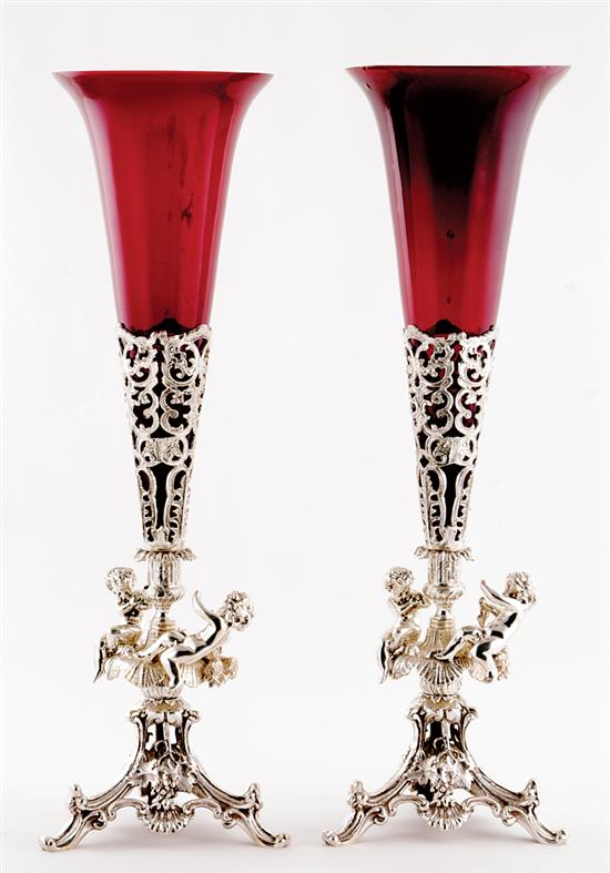 Appraisal: Pair ruby glass and silverplate vases trumpet-form beet-colored glass vases