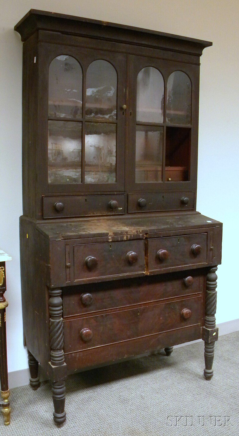 Appraisal: Late Federal Glazed Carved Mahogany Writing Desk Bookcase in two