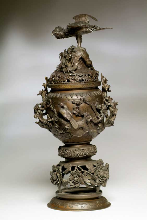 Appraisal: ANTIQUE JAPANESE BRONZE URN Very elaborately cast antique Japanese bronze