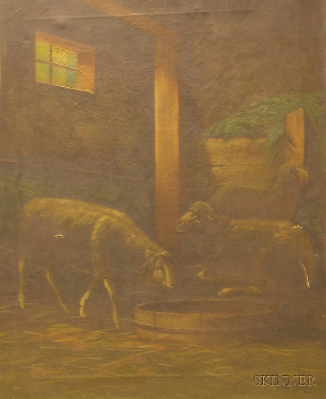 Appraisal: Unframed Oil on Canvas View of Sheep in a Barn