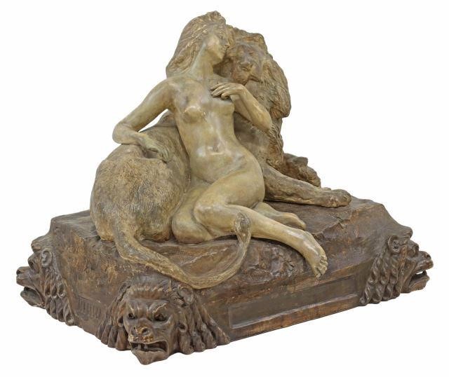 Appraisal: Cast ceramic sculpture The Lion in Love recumbent woman with