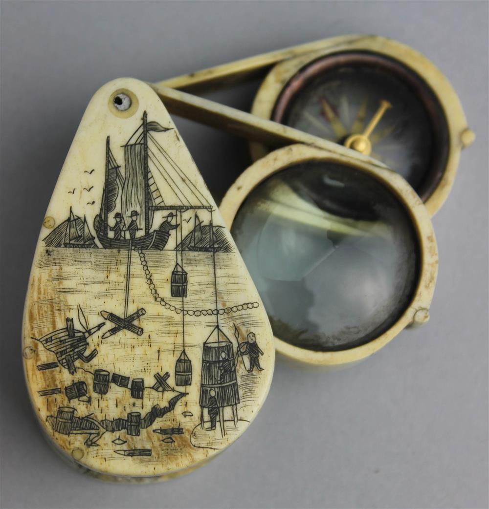 Appraisal: VERY UNUSUAL SCRIMSHAW POCKET COMPASS AND GLASS mid- th Century