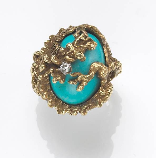 Appraisal: A turquoise diamond and k gold ring Erwin Pearl circa