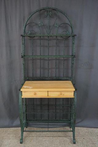 Appraisal: Metal and Oak Multi Shelf Bakers Rack Has a green