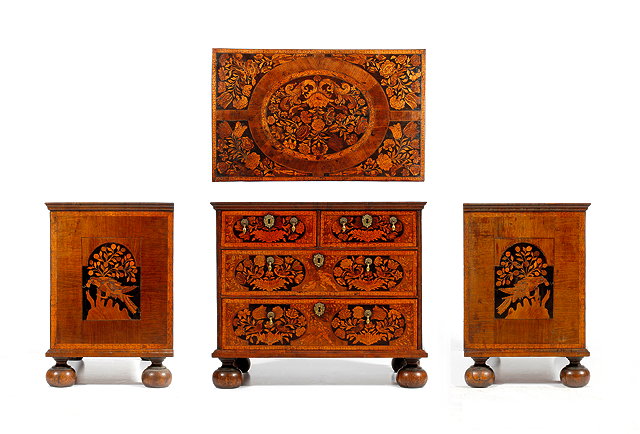 Appraisal: A WILLIAM AND MARY MARQUETRY CHEST OF TWO SHORT AND