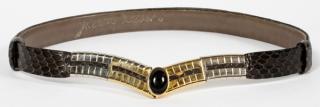 Appraisal: JUDITH LEIBER DARK GREY SNAKESKIN BELT WITH JEWELED BUCKLE Dark