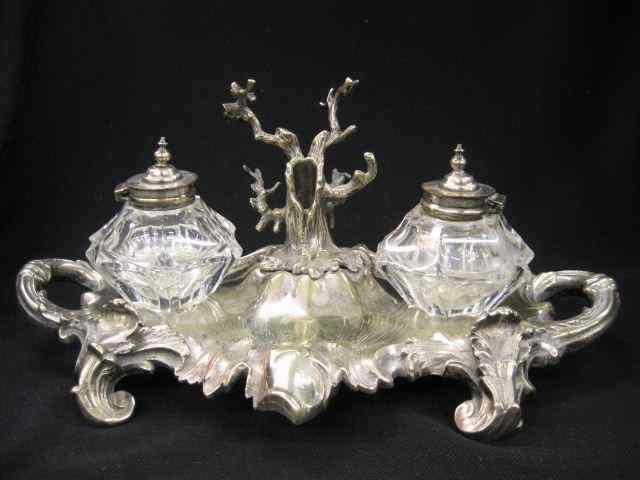 Appraisal: English Silverplate Indstand pen tree and cut crystal double wells