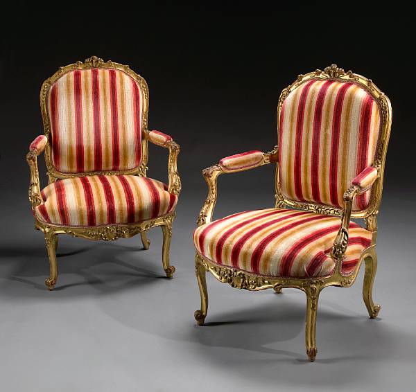 Appraisal: A pair of Louis XV style giltwood fauteuils late th