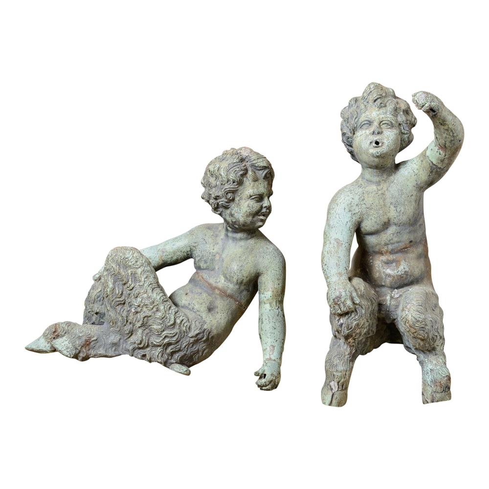 Appraisal: TWO PATINATED BRONZE FOUNTAIN FIGURES OF SEATED SATYRS PROBABLY FRENCH