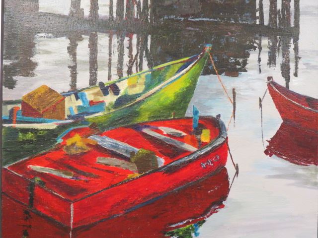 Appraisal: Irene Wood oil boats in harbour signed well listed artist