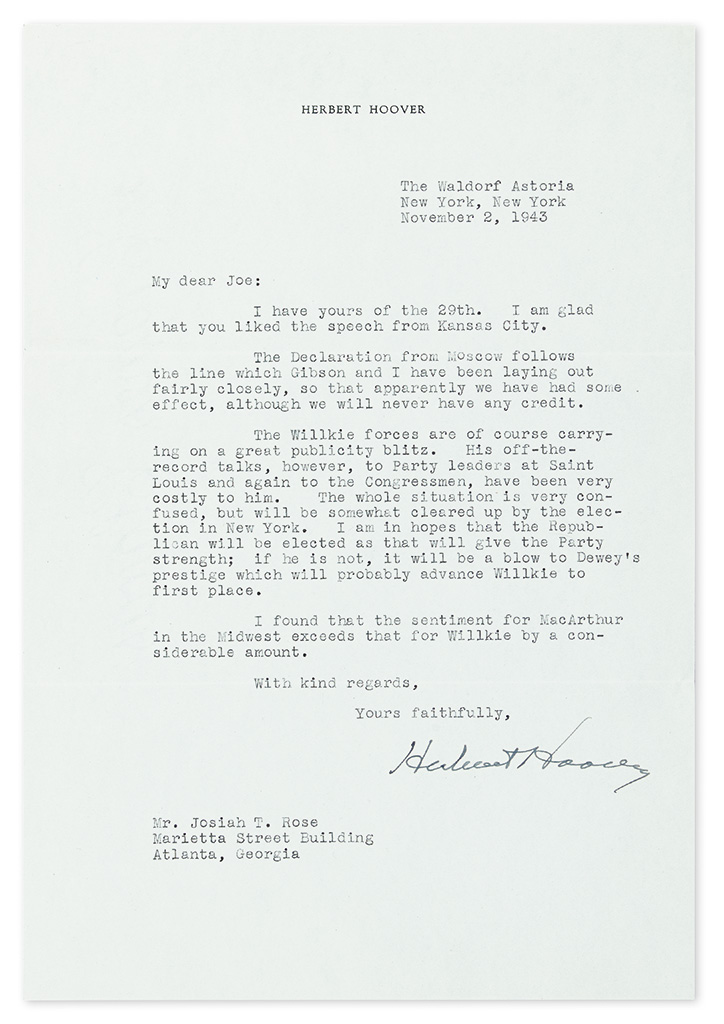 Appraisal: HOOVER HERBERT Typed Letter Signed to Josiah T Rose intimating