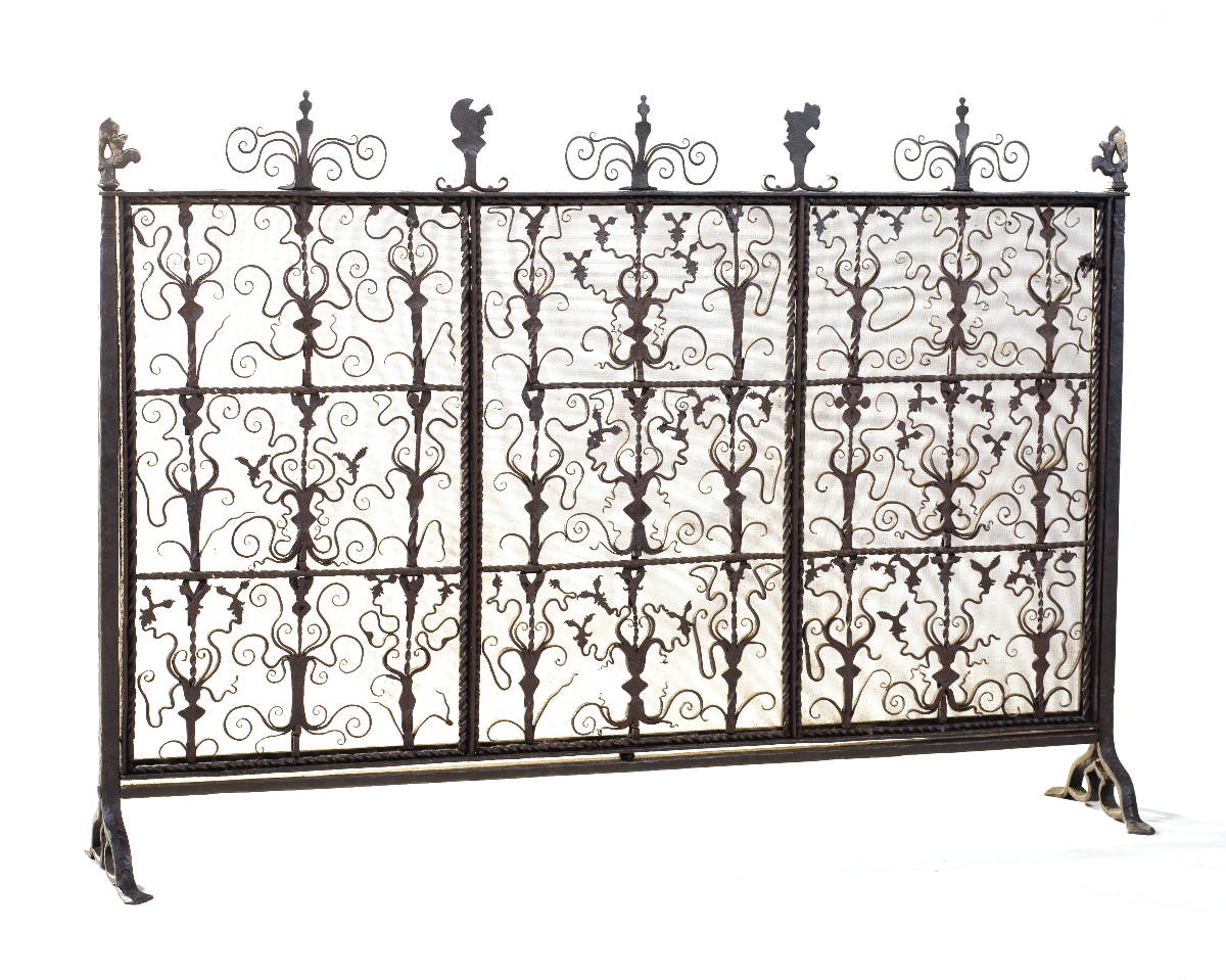 Appraisal: ELABORATE WROUGHT-IRON FIRE SCREEN WITH SCROLL AND URN MOTIF The