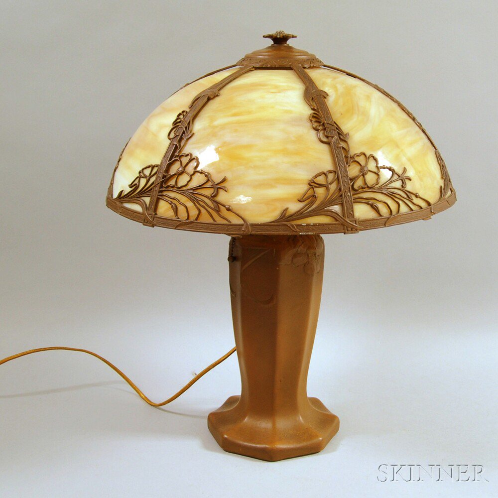 Appraisal: Metal Overlay and Slag Glass Table Lamp early th century