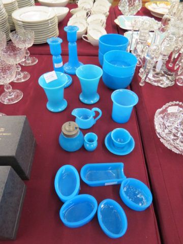 Appraisal: pcs Blue Opaque Glassware includes candlesticks vases bowls creamer sugar